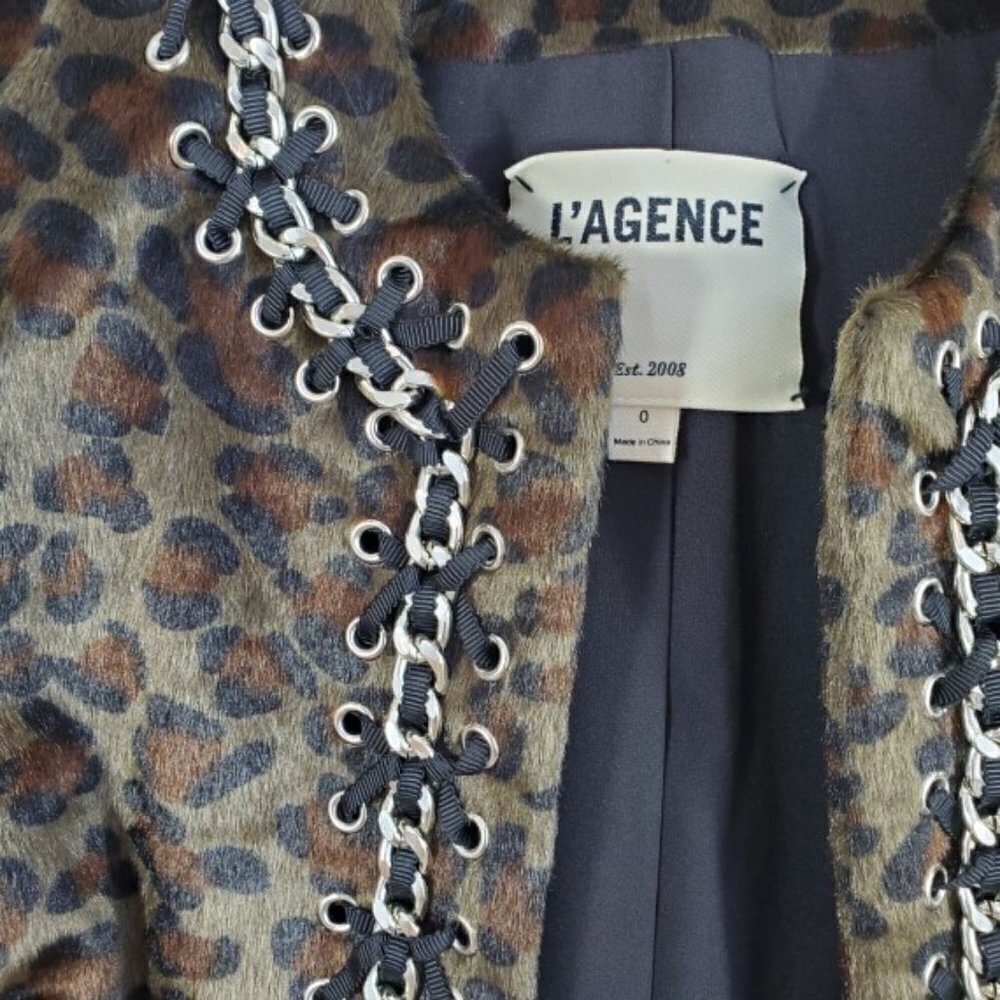 L'Agence Leopard Print Faux-Fur Chain Trim Jacket - Picture 2 of 6
